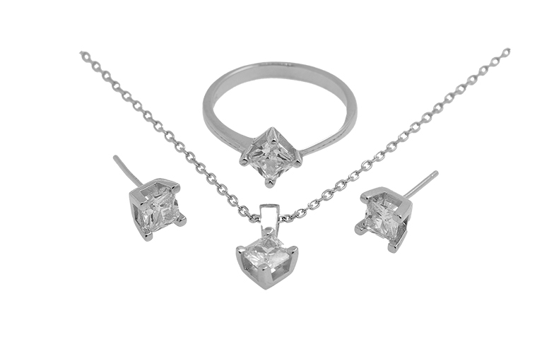 Silver Chain with Pendant Ring and Earrings with Zirconia