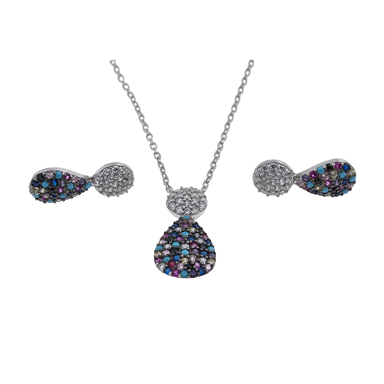 Silver Necklace with Pendant and Earrings with Zirconia