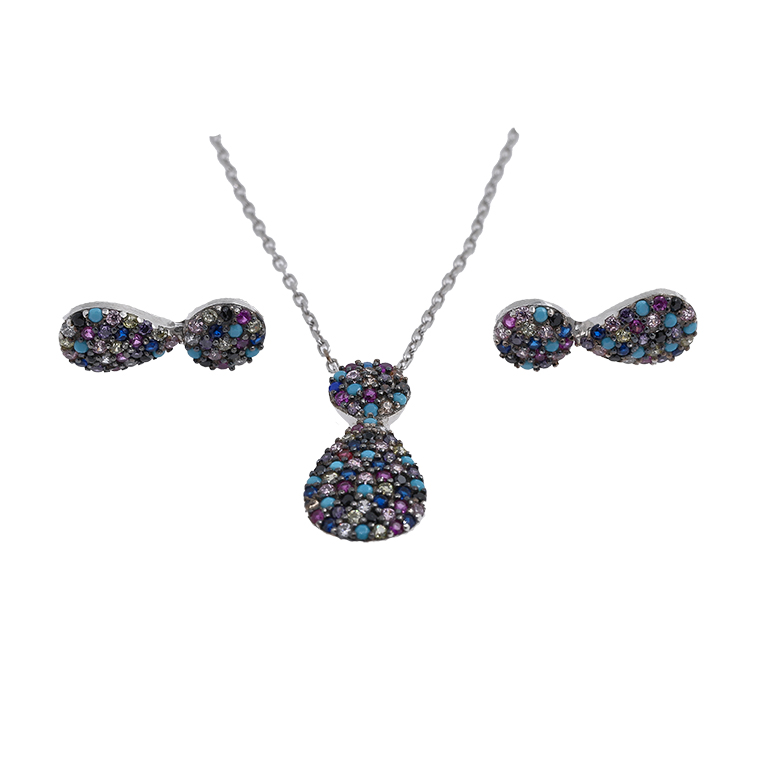 Silver Necklace with Pendant and Earrings with Zirconia